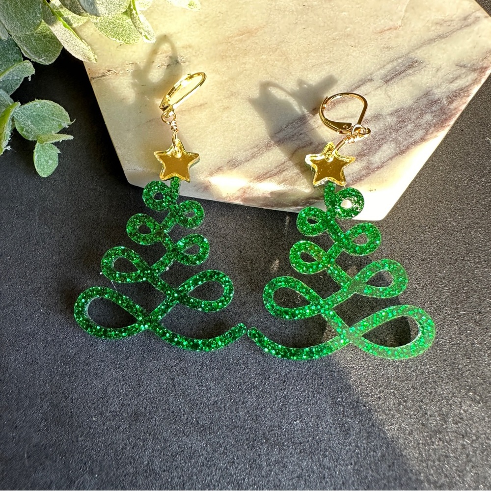 Swirl Christmas Tree Earrings Glitter Festive Earrings